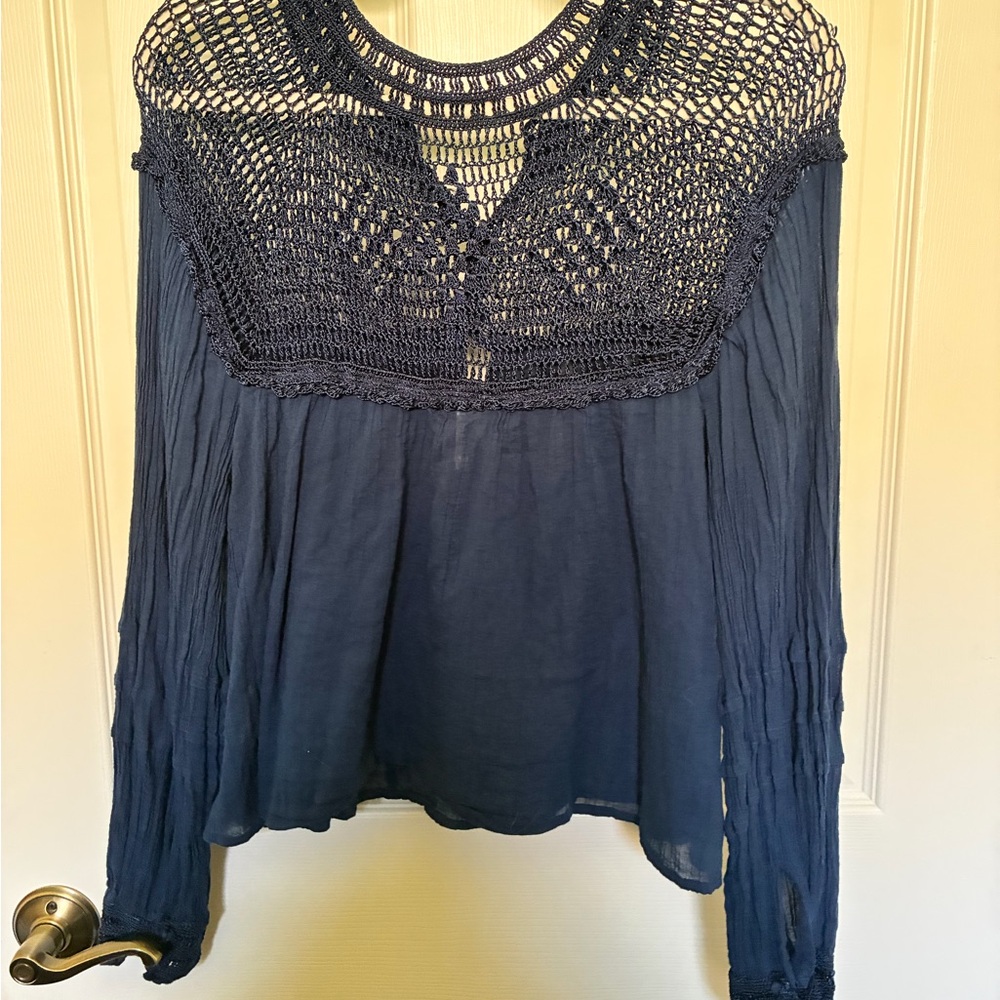 Free People Navy Crochet Yoke Long Sleeve Tunic